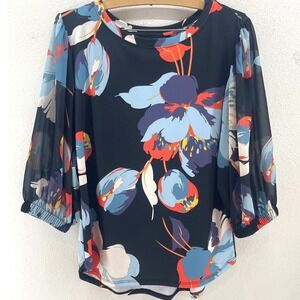 Nally & Millie Floral Print Blouse 3/4 Sheer Chiffon Balloon Sleeve Black S Chic